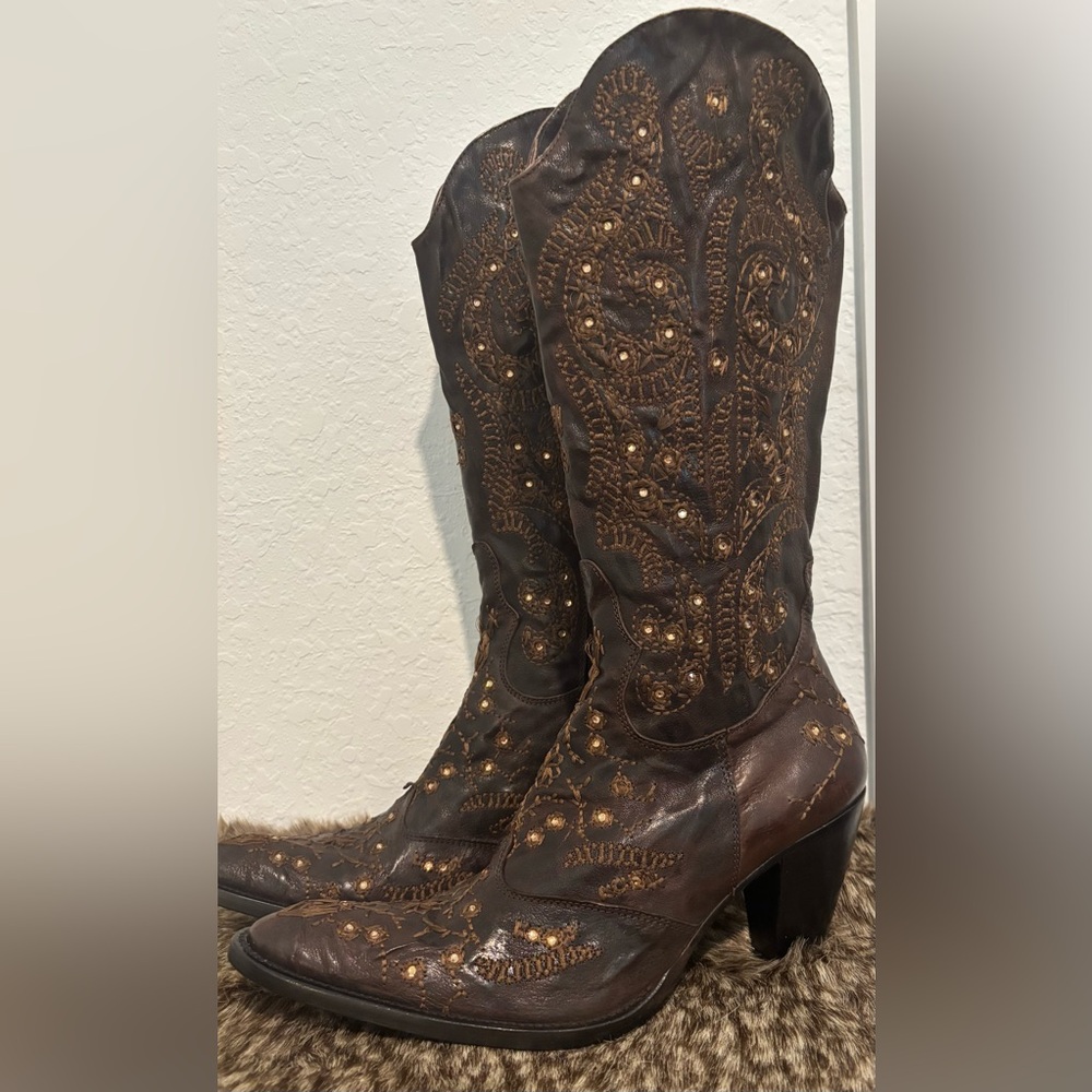 Brown Custom Made Embroidered Leather Boots